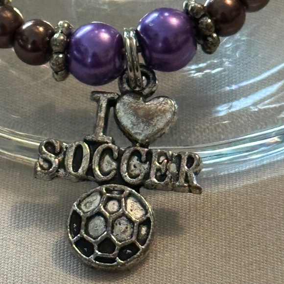 3/$15 Wine glass tag – stainless steel hoop, purple/mocha beads, soccer charm - Picture 4 of 11